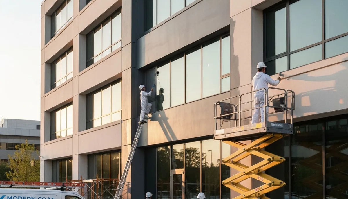 Professional commercial painters working on a business exterior in Lancaster, PA