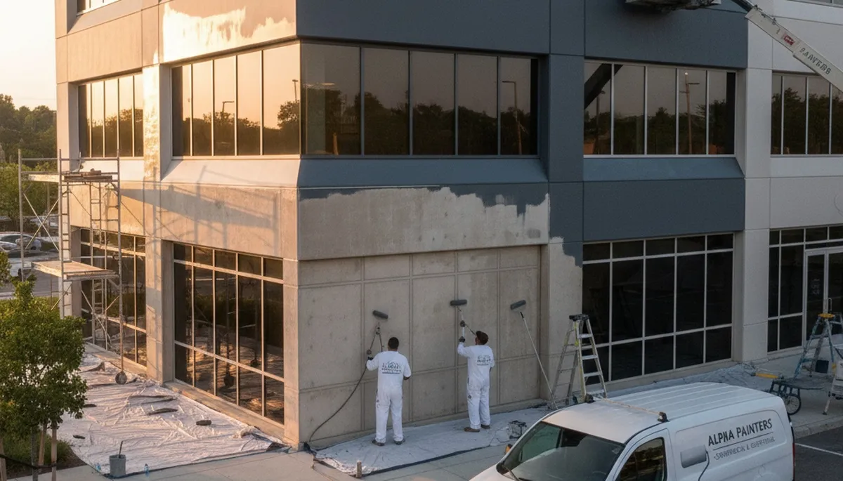 Professional commercial painters finishing business exterior in Lancaster, PA