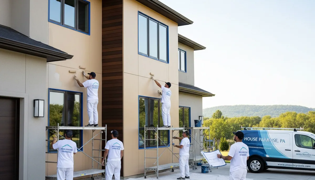 Professional house painters applying fresh exterior paint on home in Lancaster, PA