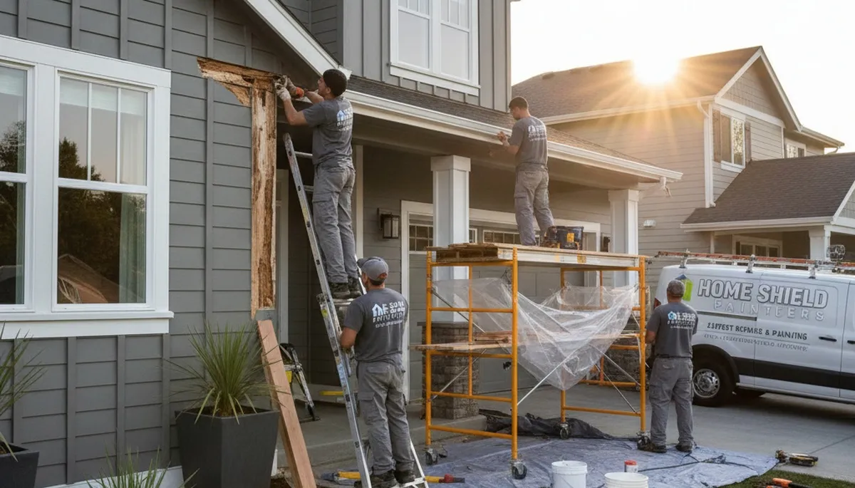 Professional wood rot repair on Lancaster, PA home exterior by expert house painters